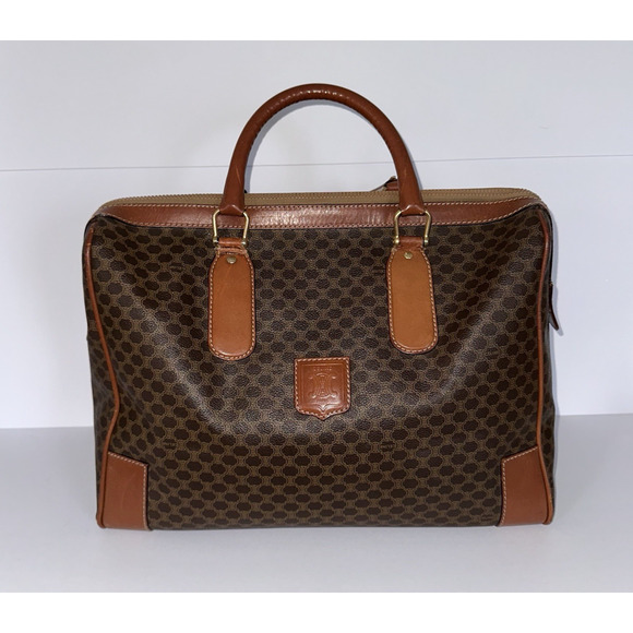 Vintage CELINE Macadam Large Boston Travel Bag Brown Coated Canvas Leather Italy - Picture 1 of 16